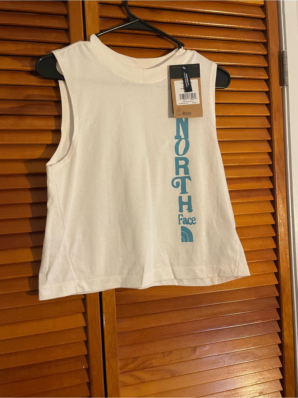 The North Face White Tank with Teal Vertical Logo